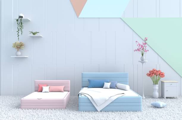 Pastel bed room decorated with pastel wall,Orchid,Tulip, carpet, Bed, pillow, couch, bolster,rose. For warm family. 3D render.