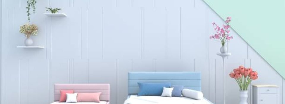 Pastel bed room decorated with pastel wall,Orchid,Tulip, carpet, Bed, pillow, couch, bolster,rose. For warm family. 3D render.