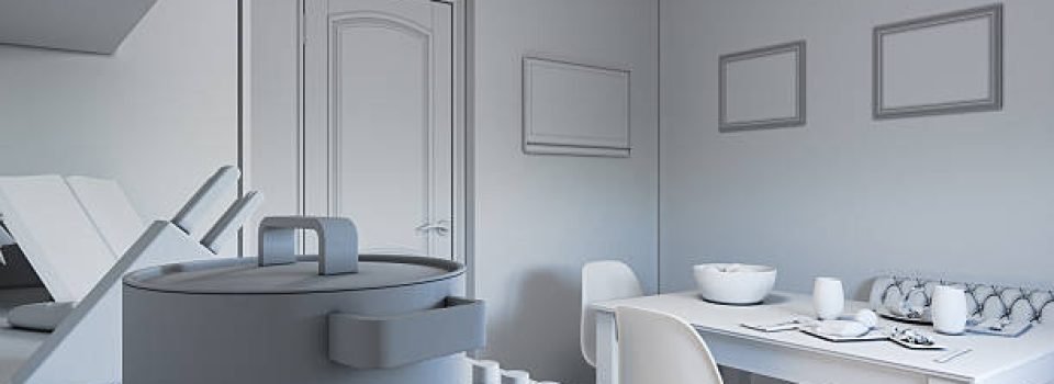 3d render of kitchen design in a modern style without textures and materials